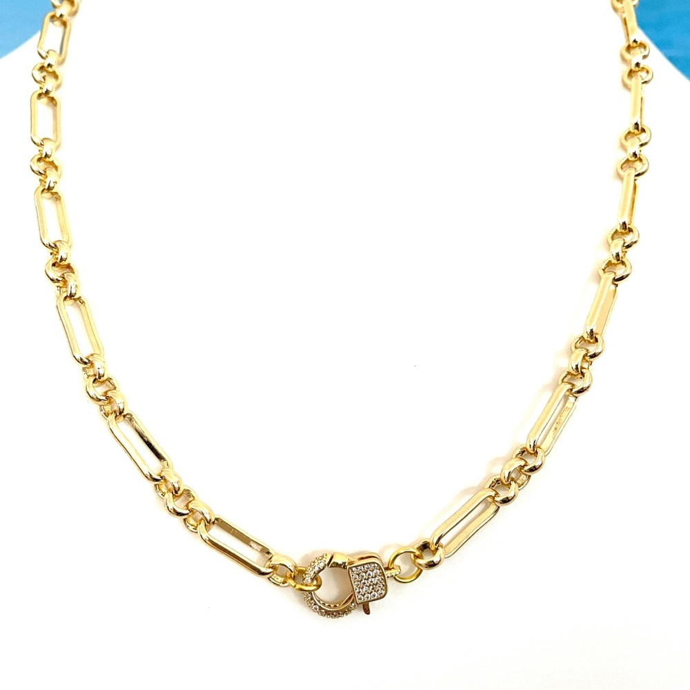 Gold Mixed Paperclip Chain Necklace with Pave CZ Hook Clasp Connector